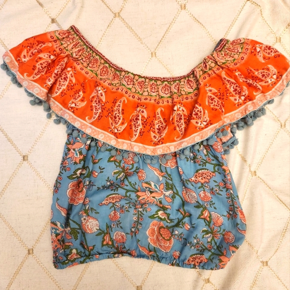 Z&L Europe Mixed Print Boho Tassel Top | Orange Paisley Blue Floral Blouse | Med